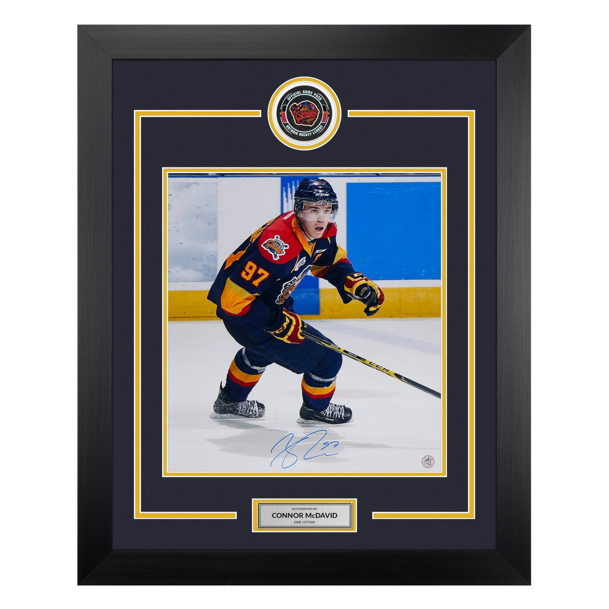 Connor McDavid Autographed Erie Otters Puck Logo 26x32 Frame product image 1, provided for visual reference and product