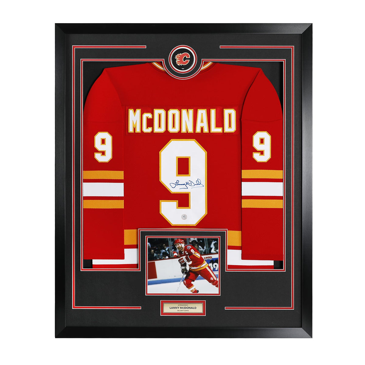 Lanny McDonald Signed Calgary Flames Puck Logo 36x44 Jersey Frame product image 1, provided for visual reference and product