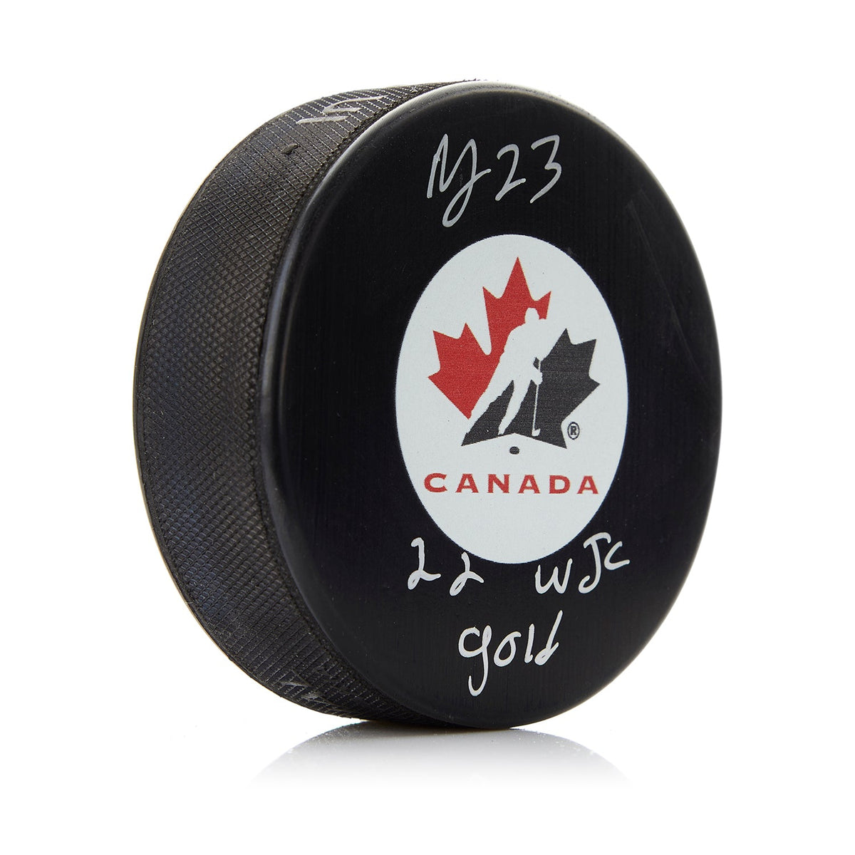 Mason McTavish Signed Team Canada Hockey Puck with WJC Gold Note product image 1, provided for visual reference and product