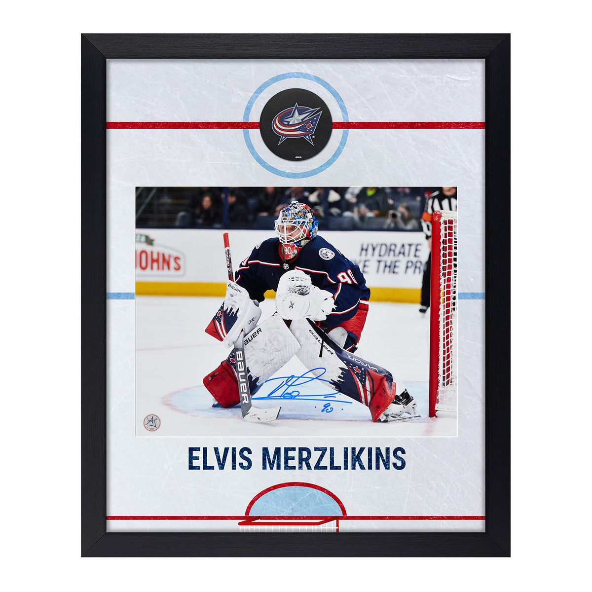 Elvis Merzlikins Signed Columbus Blue Jackets Graphic Rink 19x23 Frame product image 1, provided for visual reference and