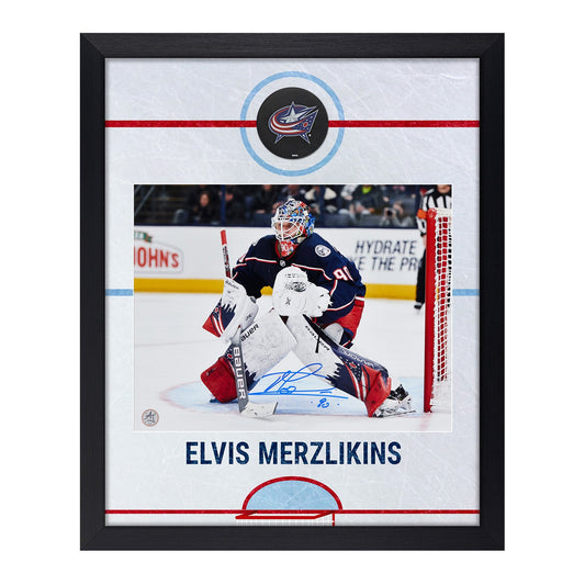 Elvis Merzlikins Signed Columbus Blue Jackets Graphic Rink 19x23 Frame product image 1, provided for visual reference and
