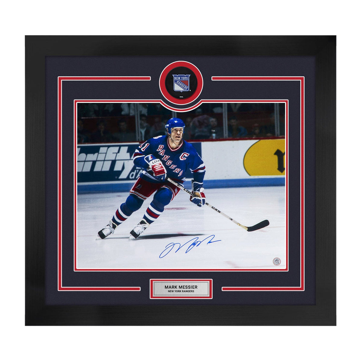 Mark Messier Autographed New York Rangers Puck Logo 28x30 Frame product image 1, provided for visual reference and product