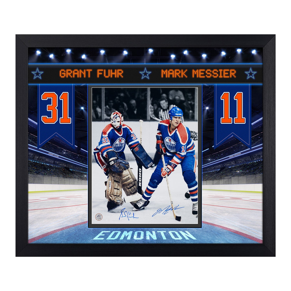 Mark Messier & Grant Fuhr Dual Signed Edmonton Legends 23x27 Frame product image 1, provided for visual reference and