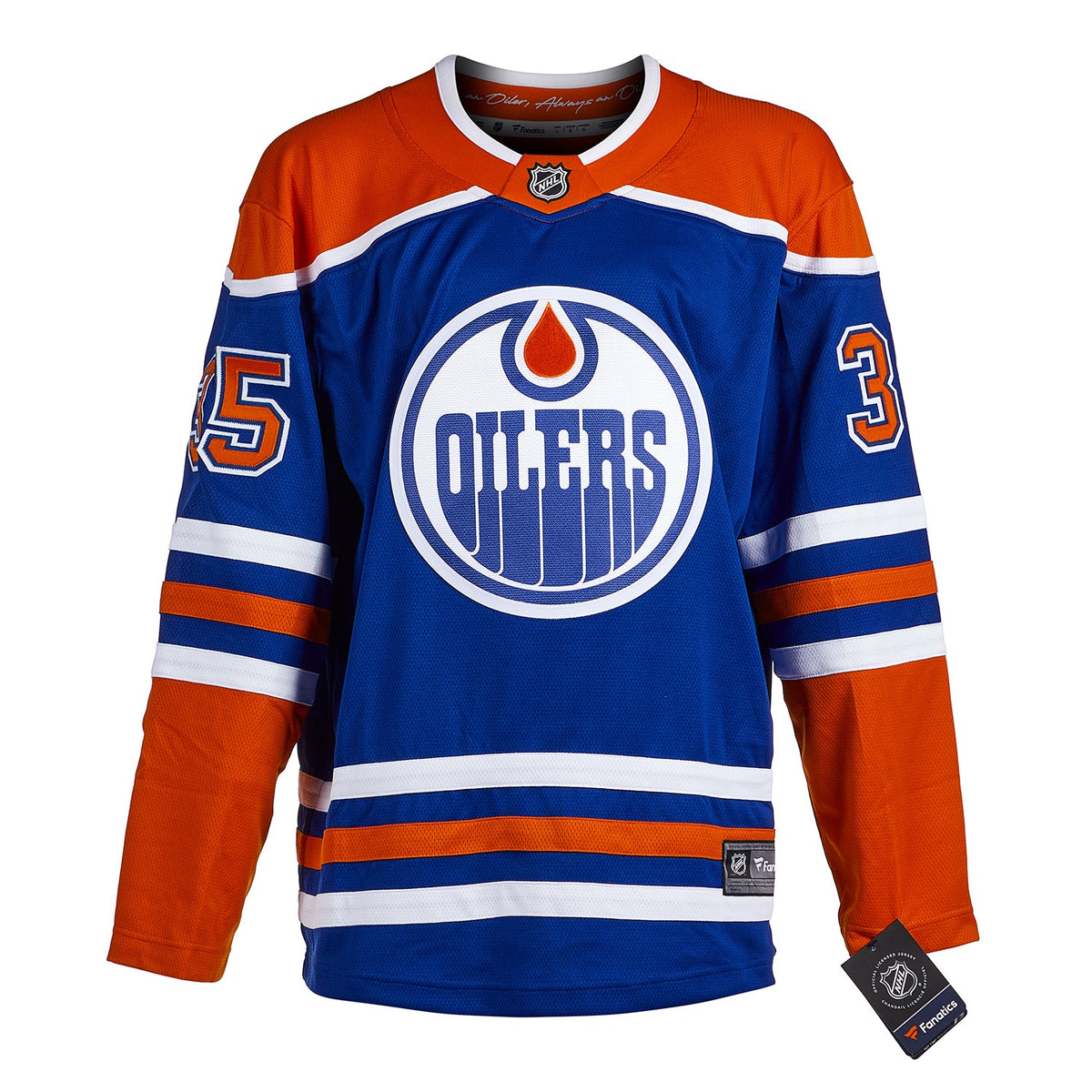 Andy Moog Autographed Edmonton Oilers Fanatics Breakaway Jersey product image 2, provided for visual reference and product