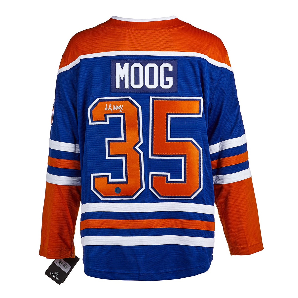 Andy Moog Autographed Edmonton Oilers Fanatics Breakaway Jersey product image 1, provided for visual reference and product