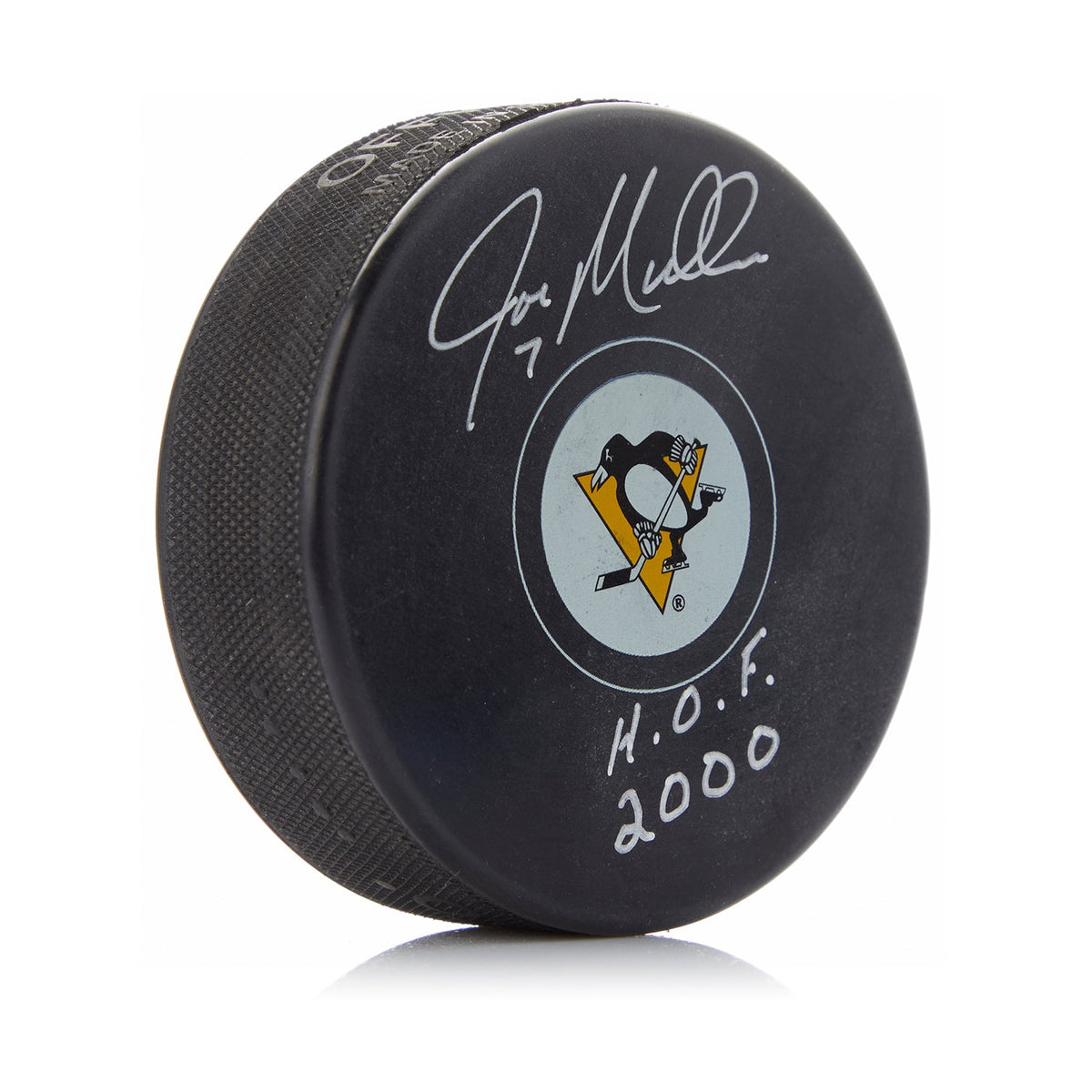 Joe Mullen Signed Pittsburgh Penguins Hockey Puck with HOF Note product image 1, provided for visual reference and product