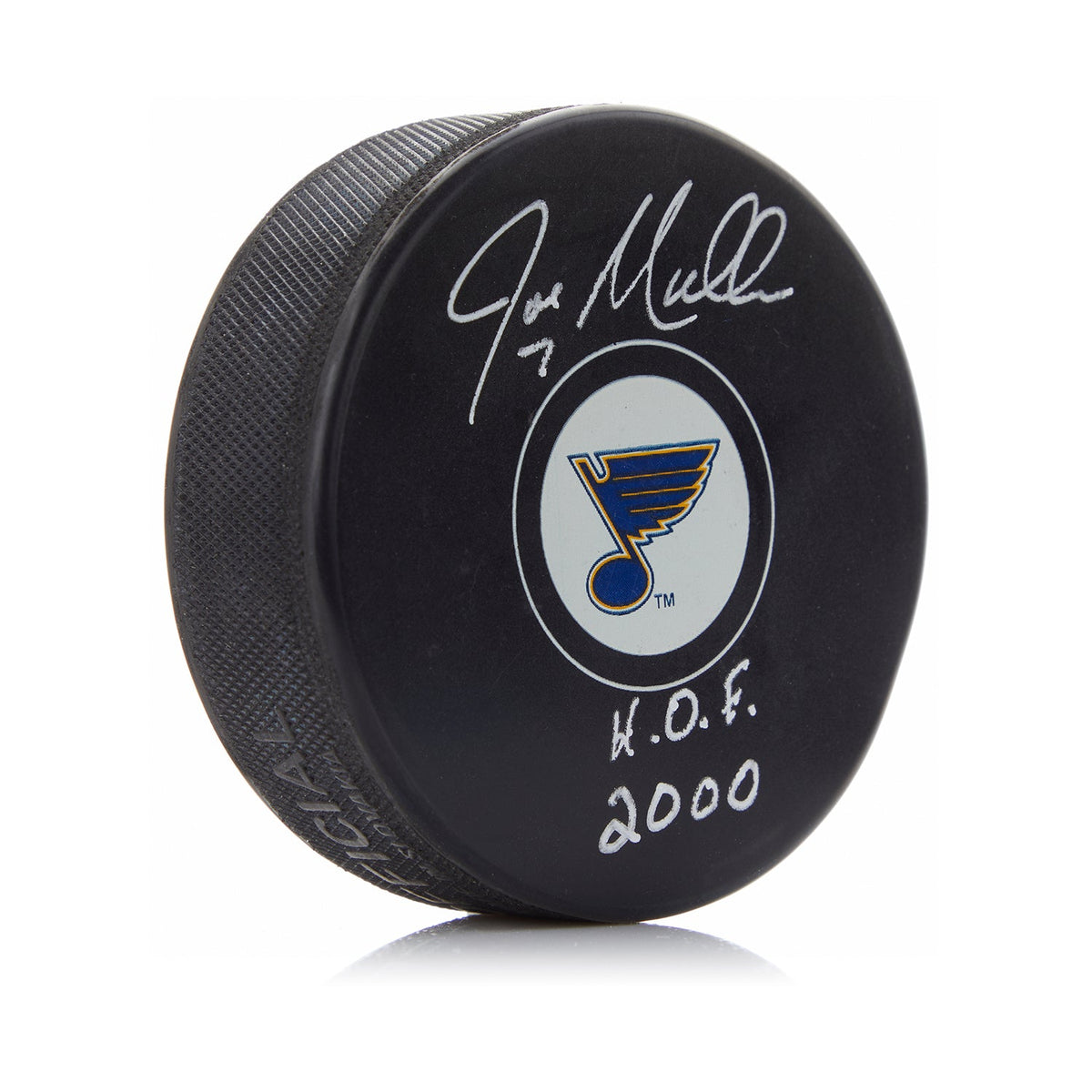 Joe Mullen Signed St Louis Blues Hockey Puck with HOF Note product image 1, provided for visual reference and product detail