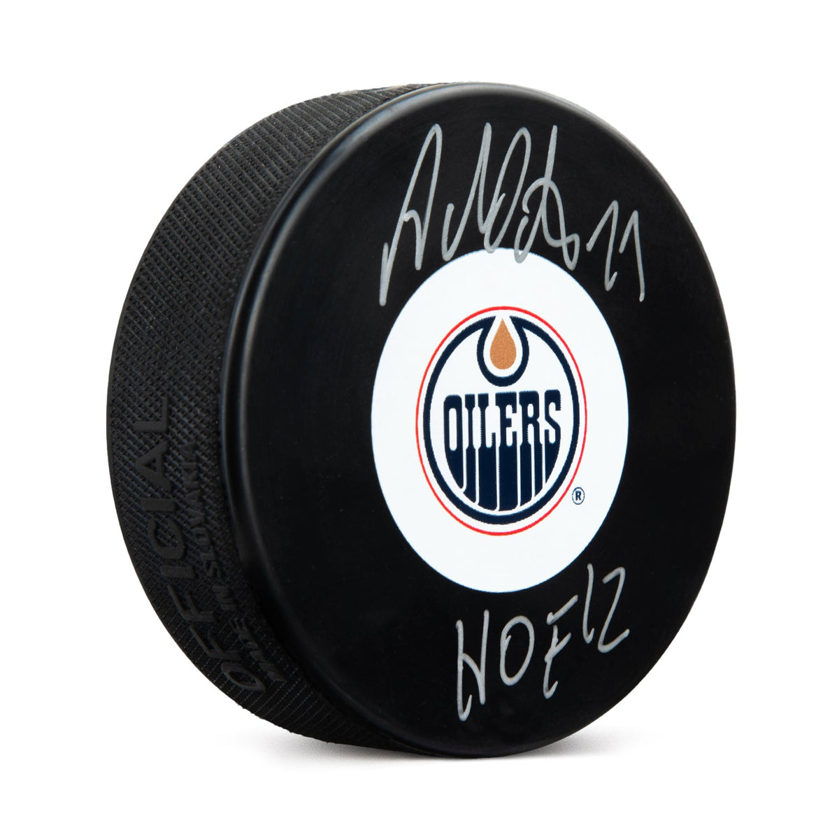Adam Oates Signed Edmonton Oilers Hockey Puck with HOF Note product image 1, provided for visual reference and product
