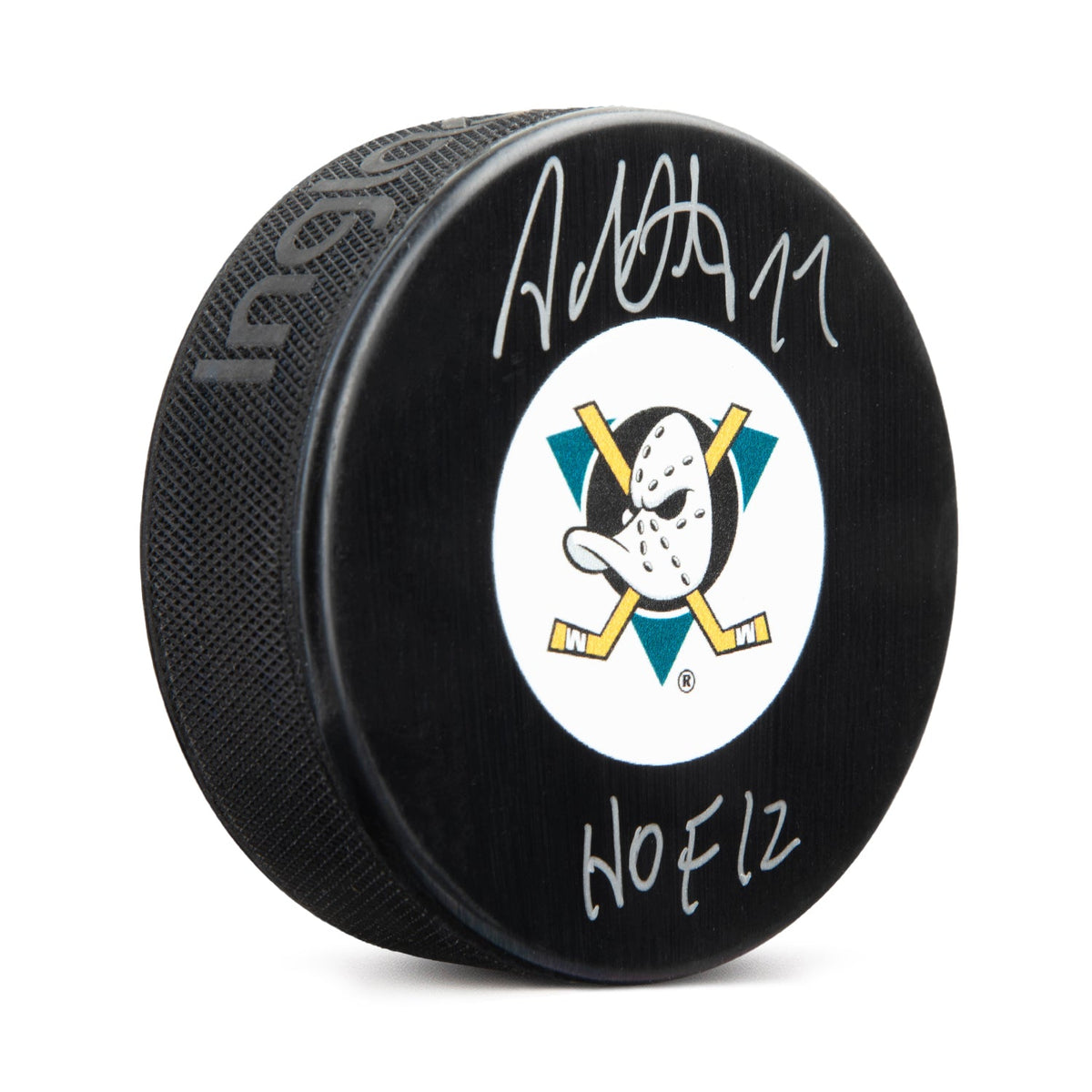 Adam Oates Signed Anaheim Mighty Ducks Hockey Puck with HOF Note product image 1, provided for visual reference and product