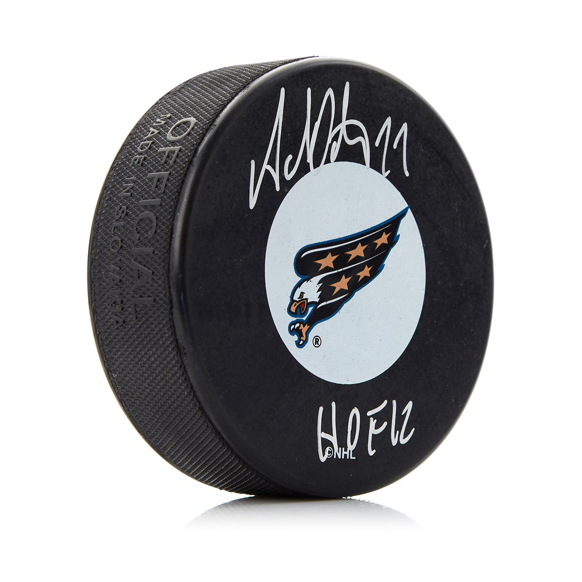 Adam Oates Signed Washington Capitals Retro Logo Puck with HOF Note product image 1, provided for visual reference and