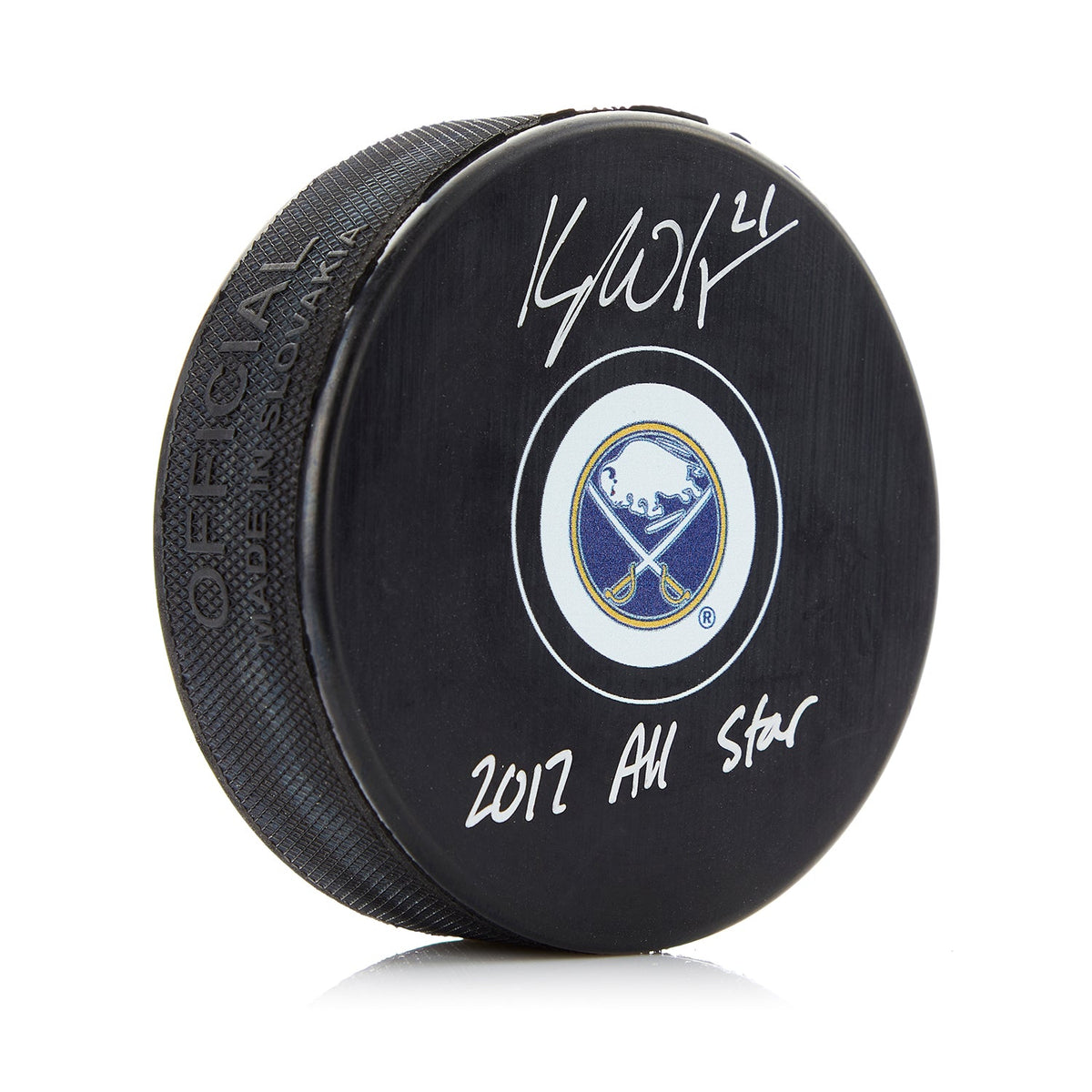 Kyle Okposo Autographed Buffalo Sabres Hockey Puck with 2017 All-Star Note product image 1, provided for visual reference