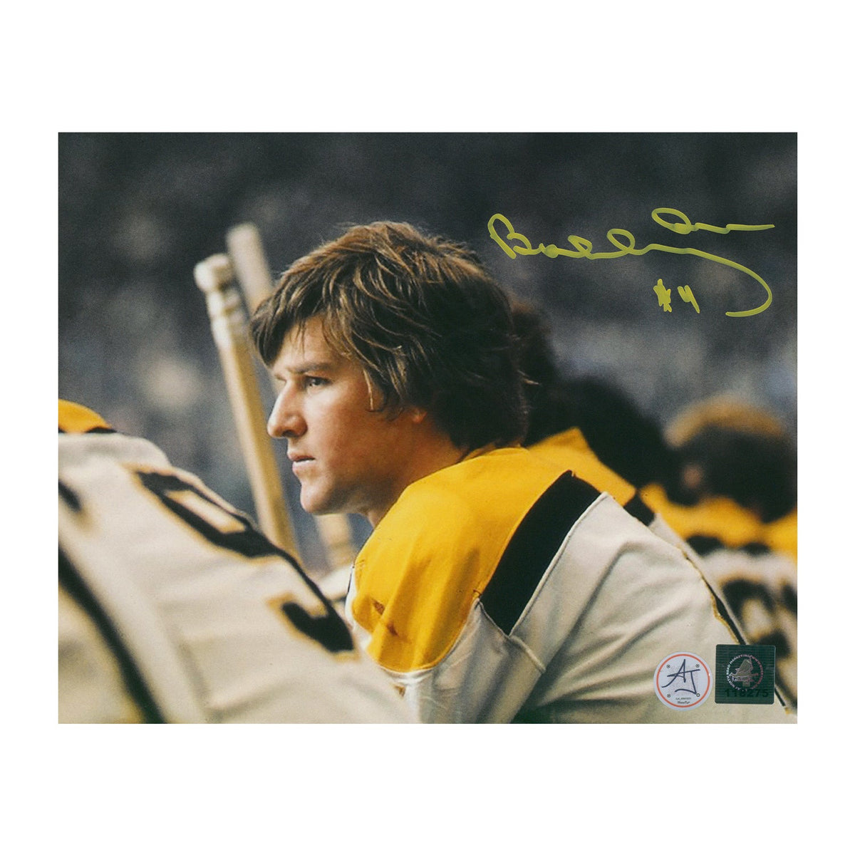 Bobby Orr Autographed Boston Bruins Bench Close-Up 8x10 Photo product image 1, provided for visual reference and product