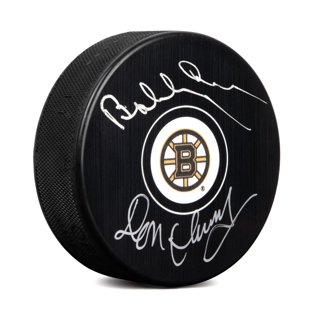 Bobby Orr & Don Cherry Dual Signed Boston Bruins Hockey Puck product image 1, provided for visual reference and product
