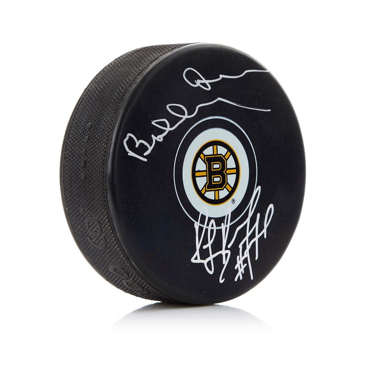 Bobby Orr & Ray Bourque Dual Signed Boston Bruins Puck product image 1, provided for visual reference and product detail