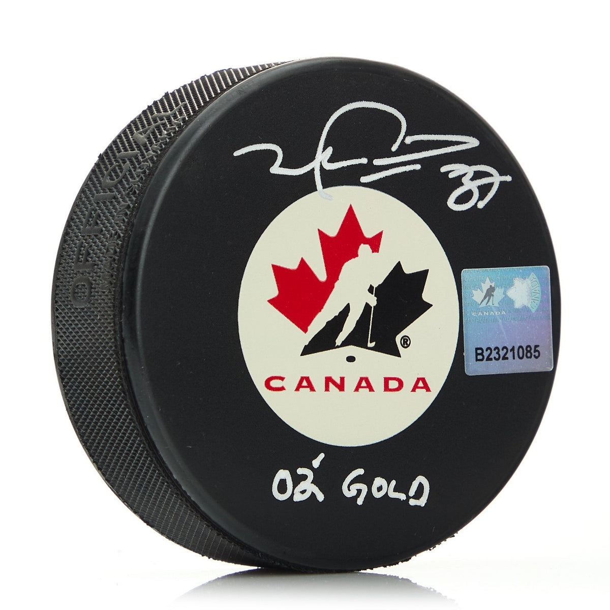 Mike Peca Team Canada Signed 02 Gold Note Olympic Hockey Puck product image 1, provided for visual reference and product