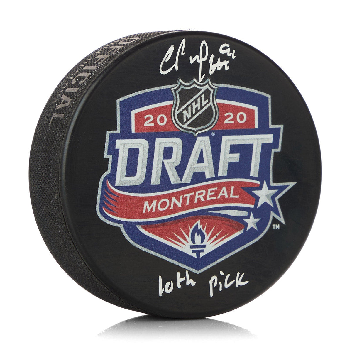 Cole Perfetti Signed 2020 NHL Entry Draft Puck with 10th Pick Note product image 1, provided for visual reference and