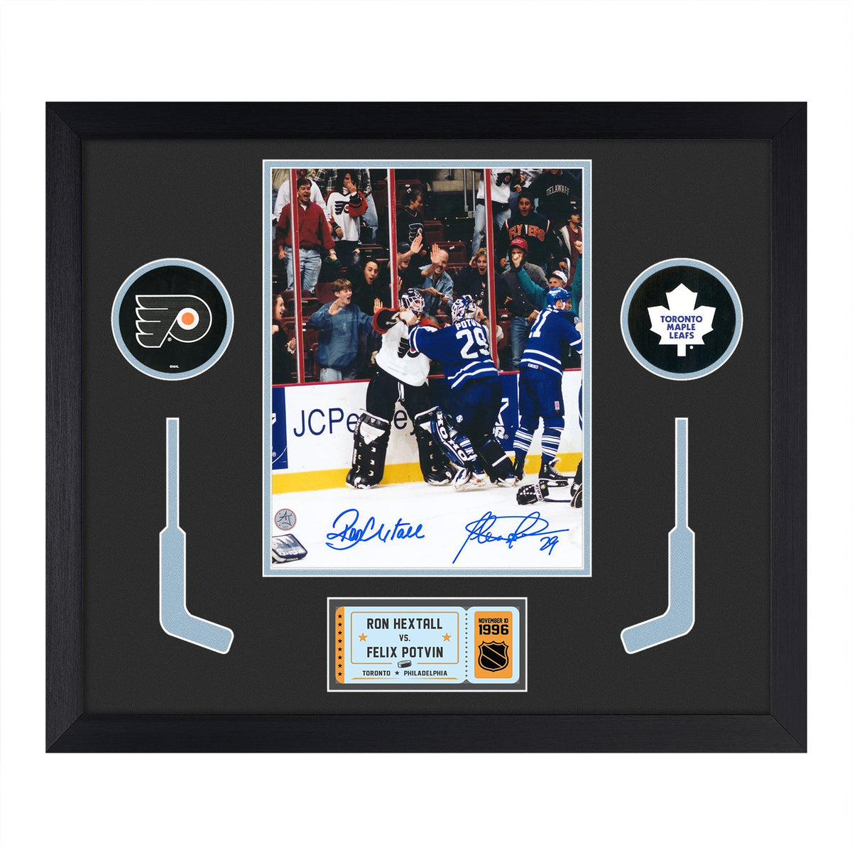 Felix Potvin & Ron Hextall Dual Signed Goalie Fight 24x28 Frame product image 1, provided for visual reference and product