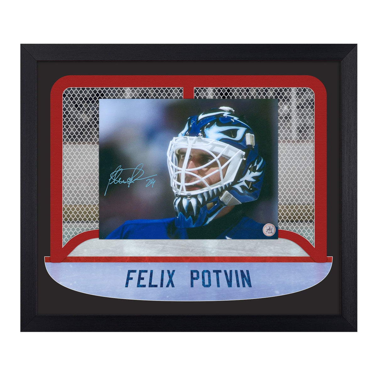 Felix Potvin Autographed Toronto Goalie Mask Between The Pipes 23x27 Frame product image 1, provided for visual reference