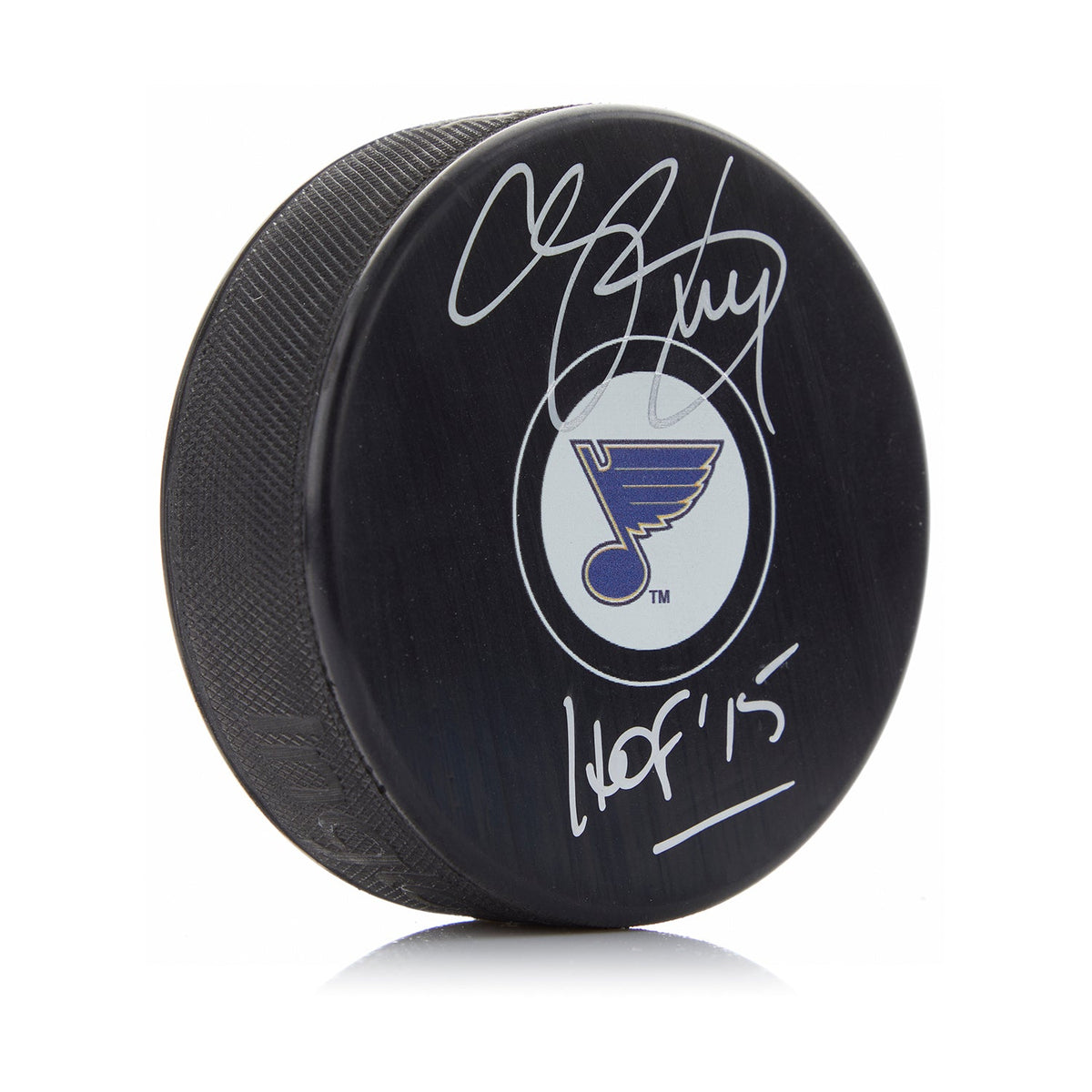 Chris Pronger Autographed St Louis Blues Hockey Puck with HOF Note product image 1, provided for visual reference and