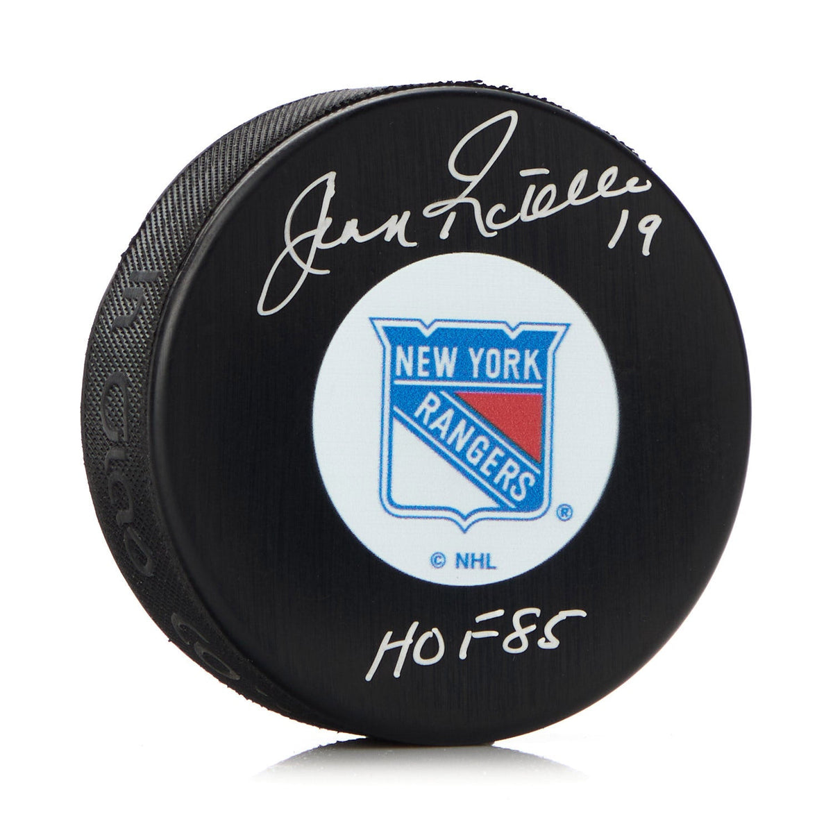 Jean Ratelle Autographed New York Rangers Hockey Puck with HOF Note product image 1, provided for visual reference and