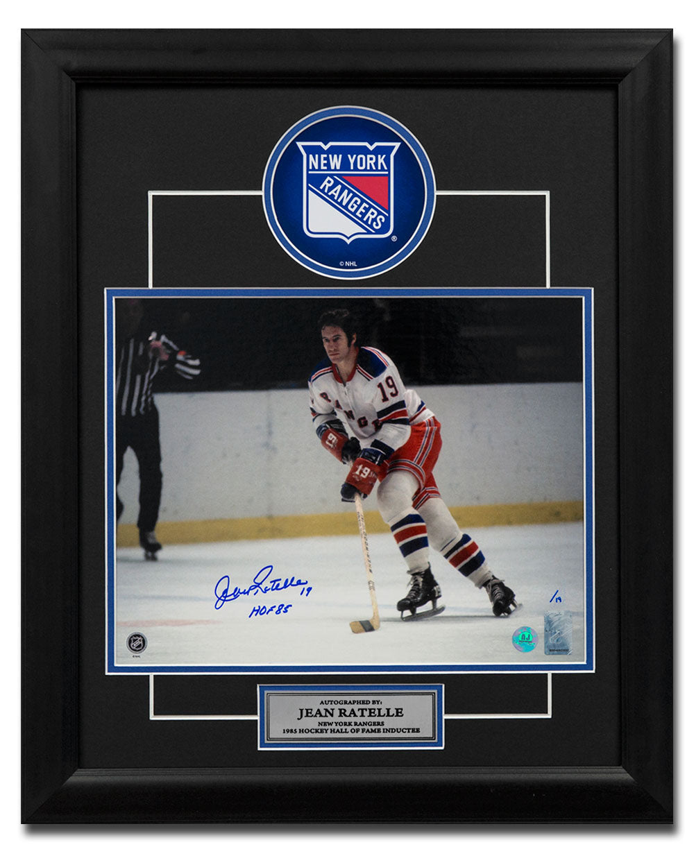 Jean Ratelle New York Rangers Autographed Large Logo 20x24 Frame #/19 product image 1, provided for visual reference and