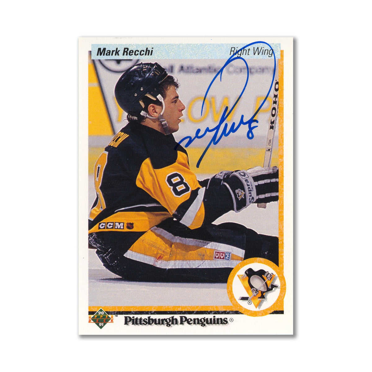 Autographed 1990-91 Upper Deck #178 Mark Recchi Rookie Card product image 1, provided for visual reference and product