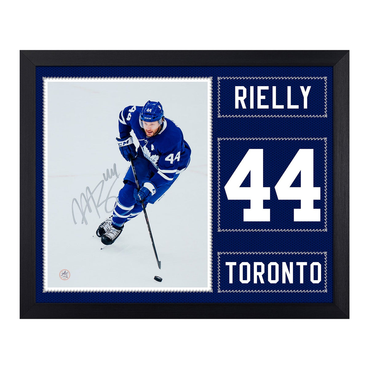 Morgan Rielly Autographed Toronto Maple Leafs Uniform Graphic 19x23 Frame product image 1, provided for visual reference and