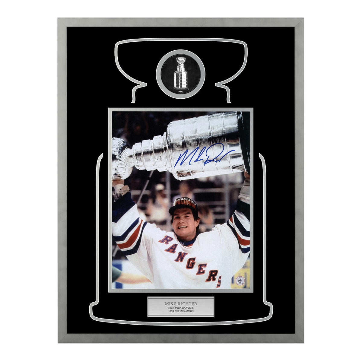 Mike Richter Autographed New York Rangers Cup Champion 23x27 Frame product image 1, provided for visual reference and
