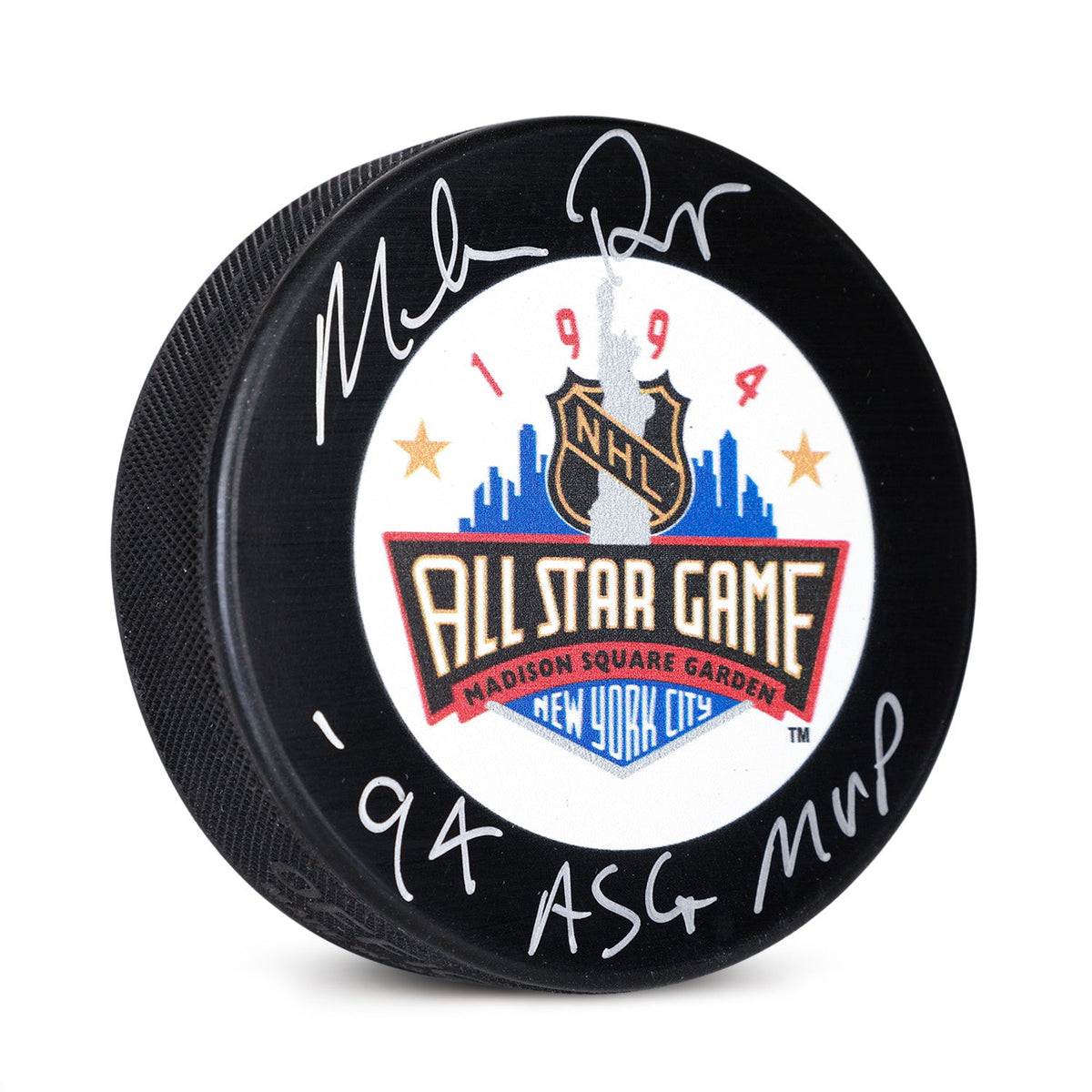 Mike Richter Autographed 1994 NHL All-Star Game Puck with MVP Note product image 1, provided for visual reference and