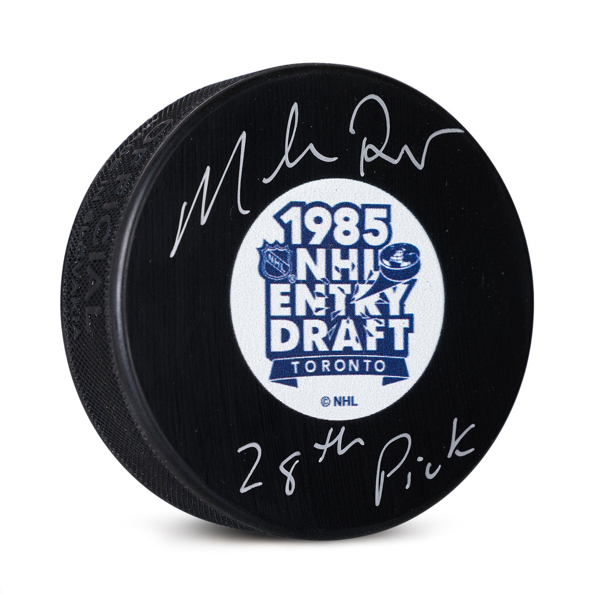 Mike Richter Signed 1985 NHL Entry Draft Puck with 28th Pick Note product image 1, provided for visual reference and product