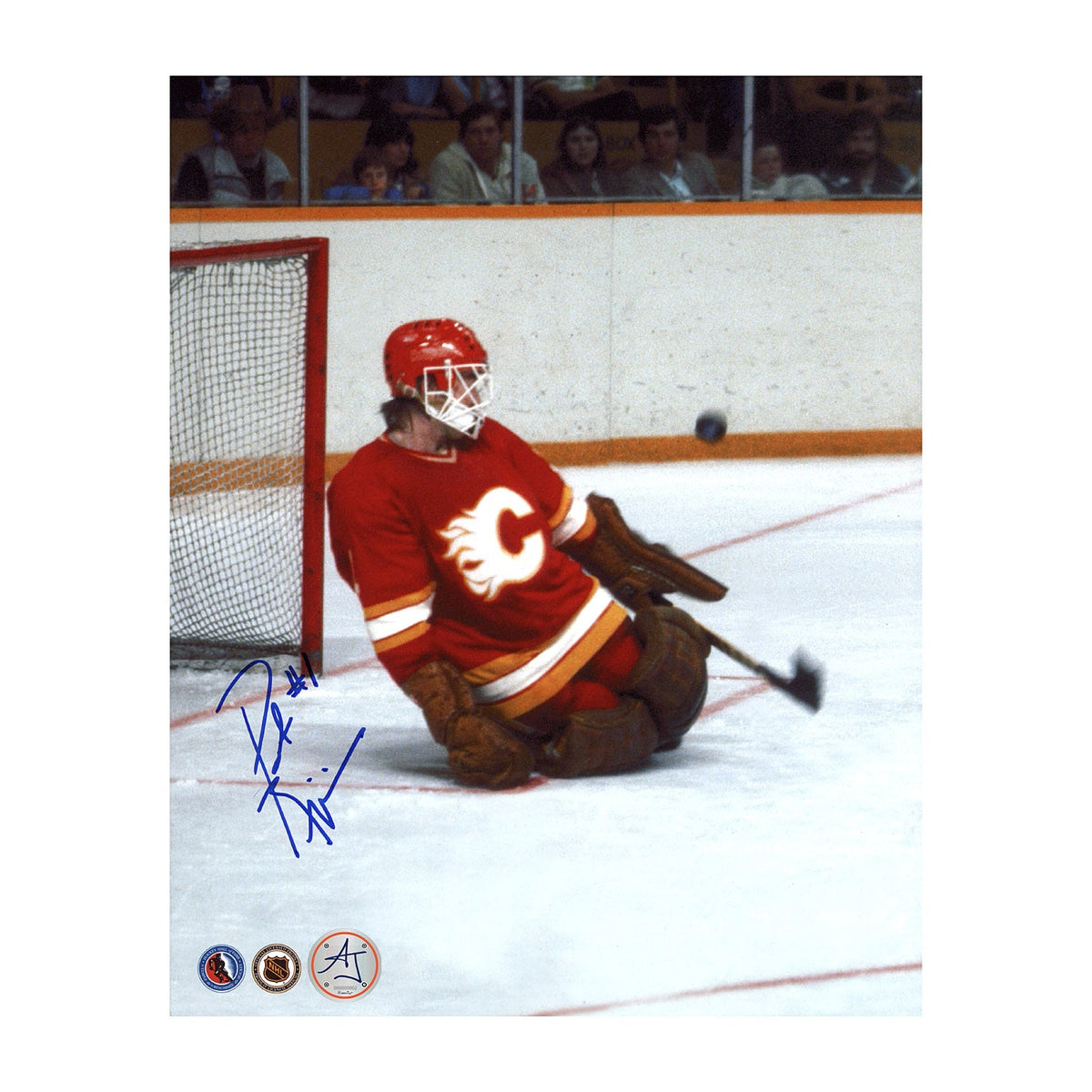 Pat Riggin Autographed Calgary Flames Puck Stare 8x10 Photo product image 1, provided for visual reference and product