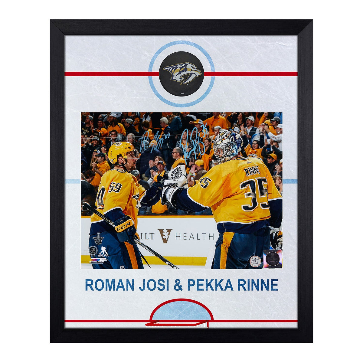 Pekka Rinne & Roman Josi Dual Signed Nashville Graphic Rink 19x23 Frame product image 1, provided for visual reference and