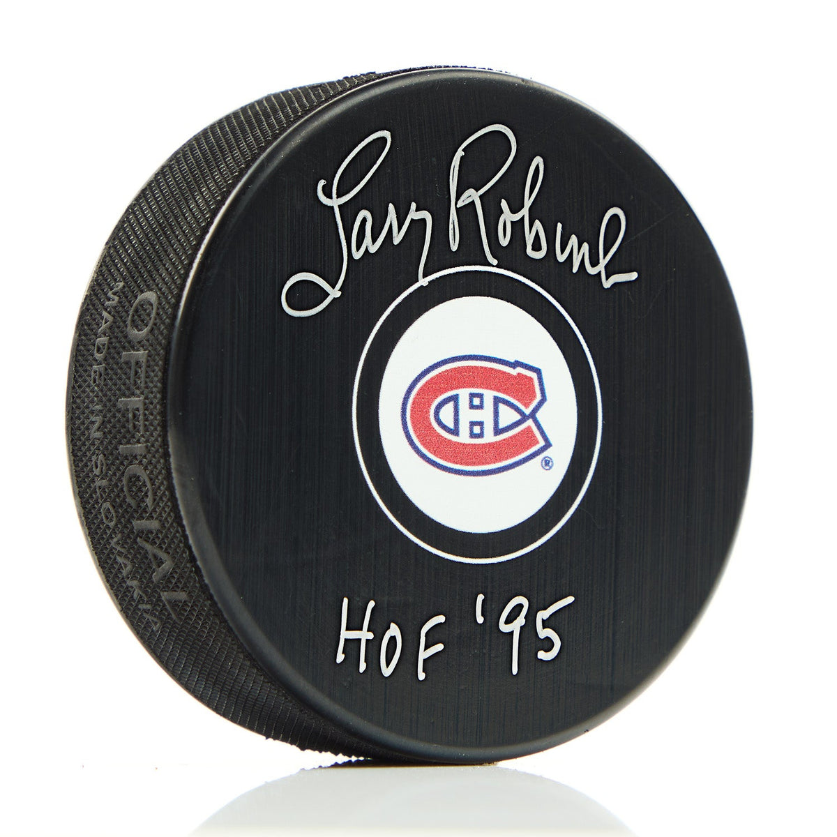 Larry Robinson Autographed Montreal Canadiens Hockey Puck with HOF Note product image 1, provided for visual reference and