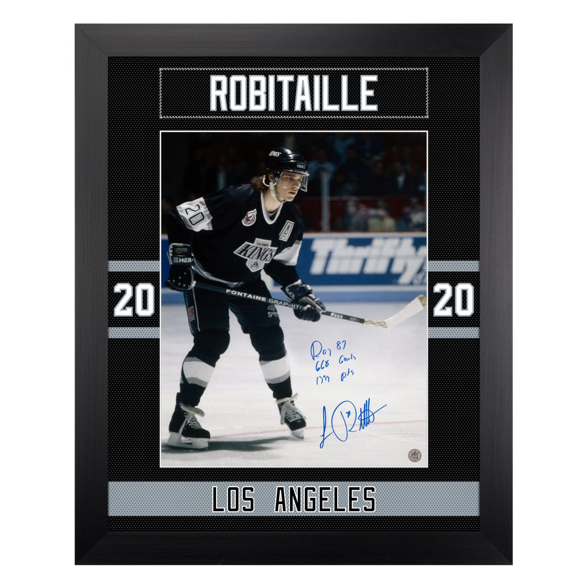 Luc Robitaille Signed Los Angeles Kings Uniform Graphic 26x32 Frame product image 1, provided for visual reference and