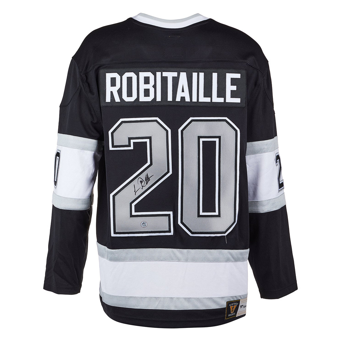 Luc Robitaille Autographed Los Angeles Kings Black Fanatics Throwback Jersey product image 1, provided for visual reference