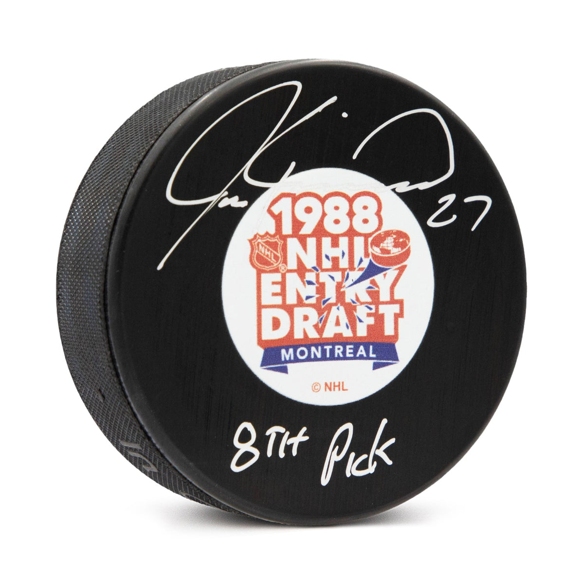 Jeremy Roenick Signed 1988 NHL Entry Draft Puck with 8th Pick Note product image 1, provided for visual reference and