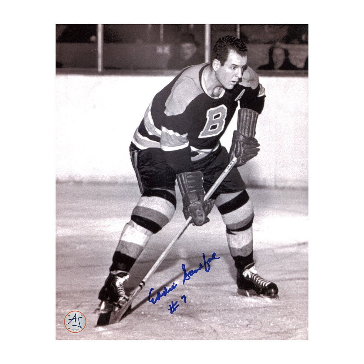 Ed Sandford Autographed Boston Bruins Black and White 8x10 Photo product image 1, provided for visual reference and product
