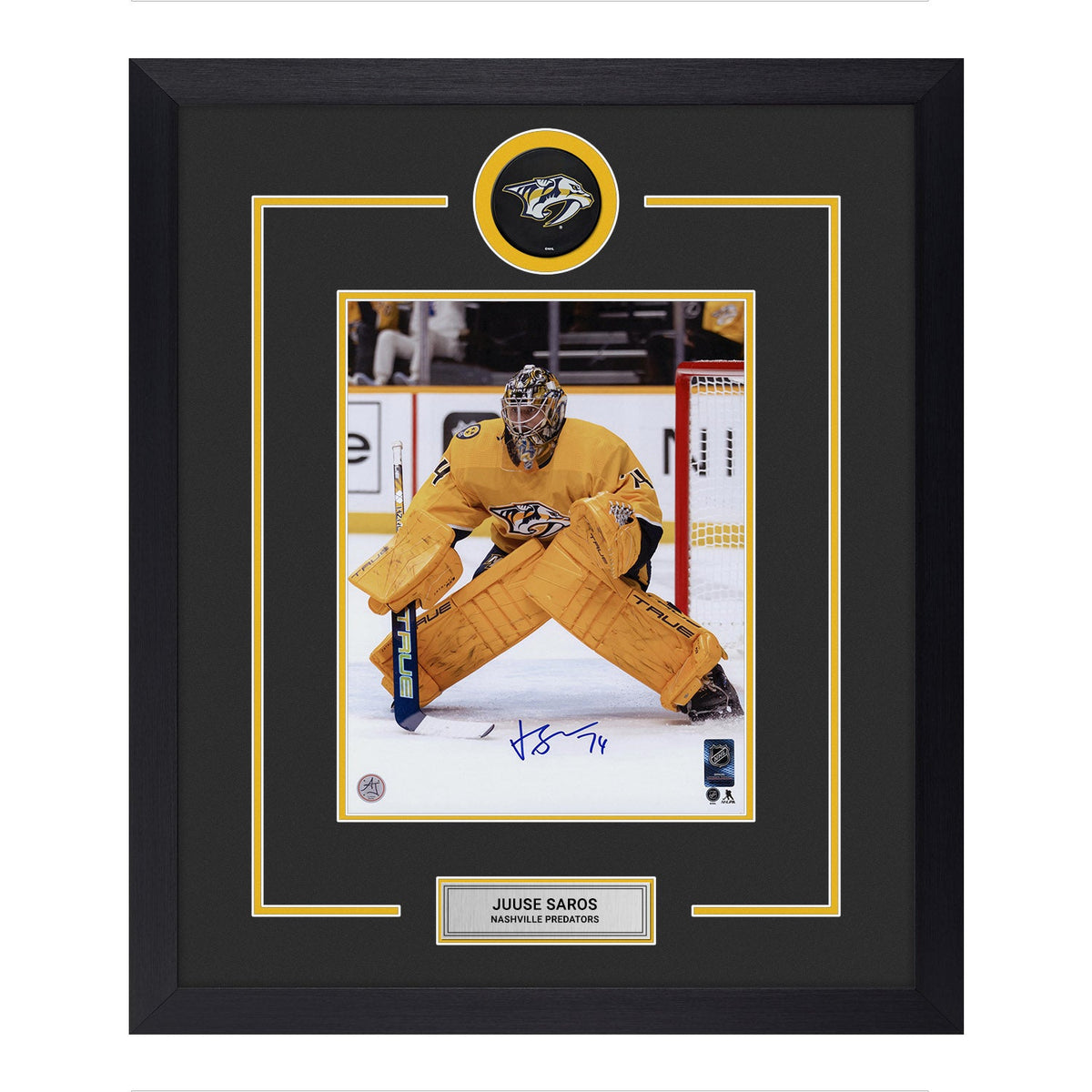 Juuse Saros Signed Nashville Predators Puck Logo 23x27 Frame product image 1, provided for visual reference and product