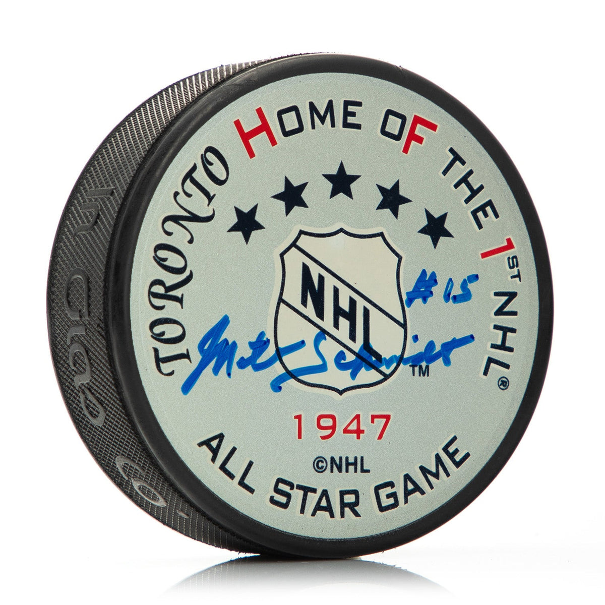 Milt Schmidt 1947 All-Star Autographed First All-Star Game Hockey Puck product image 1, provided for visual reference and