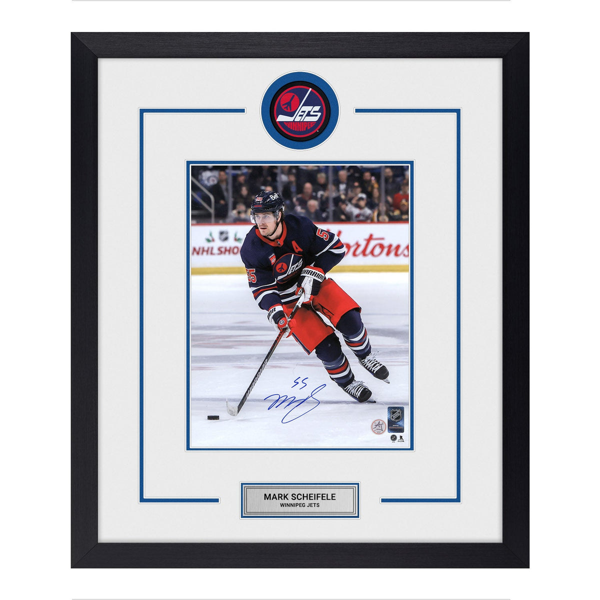 Mark Scheifele Signed Winnipeg Jets Heritage Puck Logo 23x27 Frame product image 1, provided for visual reference and