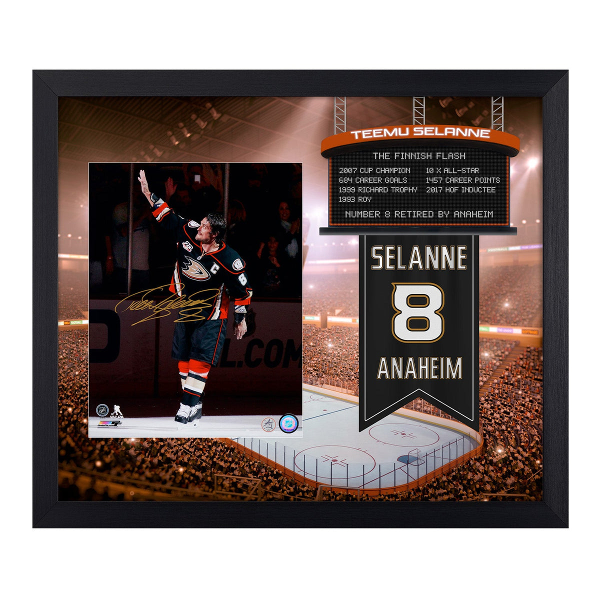 Teemu Selanne Signed Anaheim Ducks Retired Number Graphic 23x27 Frame product image 1, provided for visual reference and