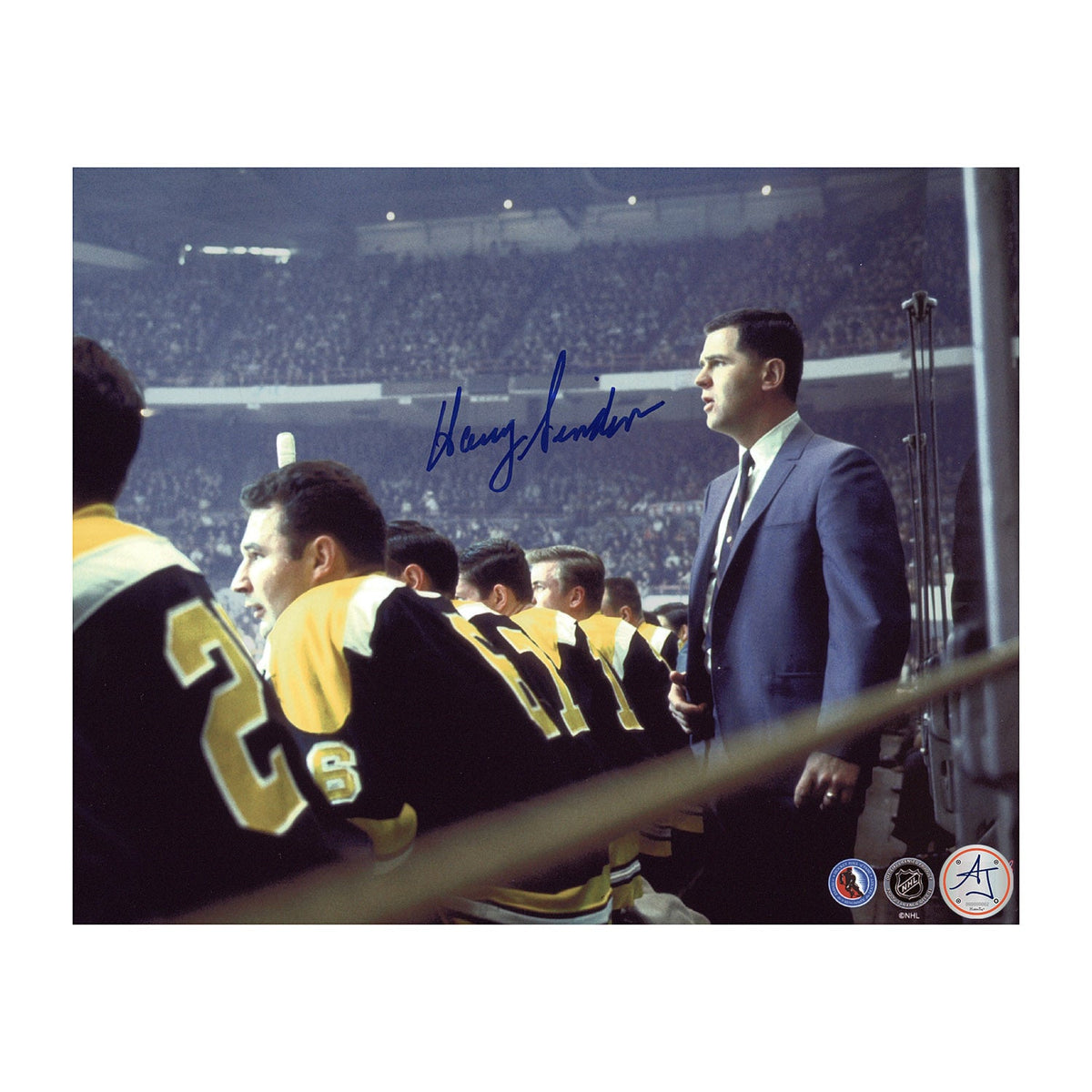 Harry Sinden Autographed Boston Bruins Bench Close-Up 8x10 Photo product image 1, provided for visual reference and product