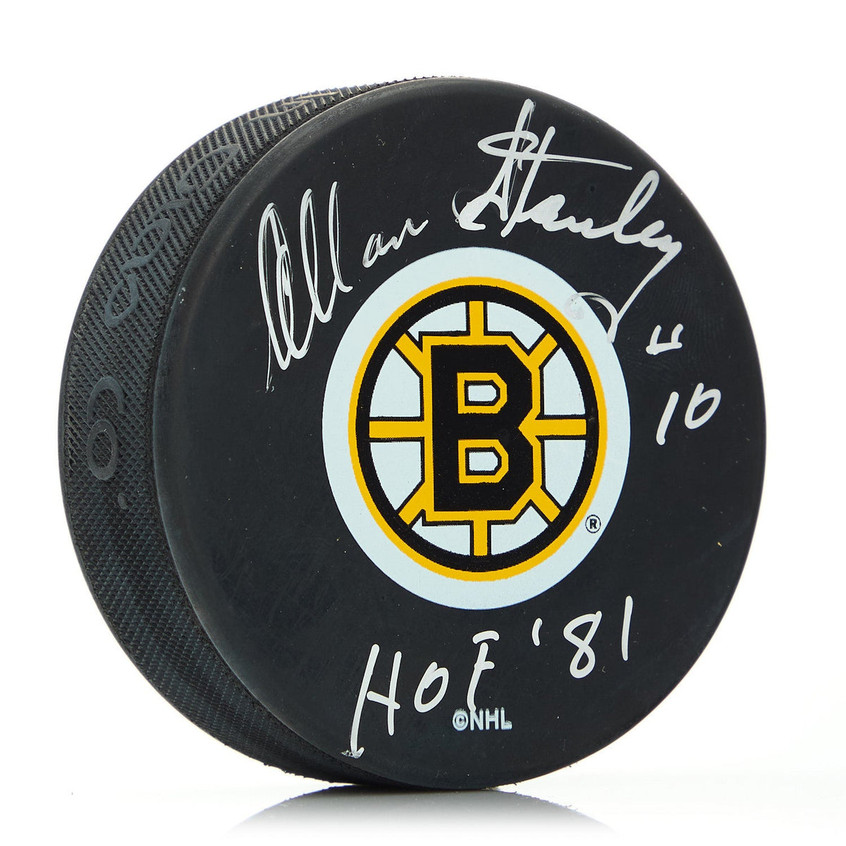 Allan Stanley Signed Boston Bruins Hockey Puck with HOF Note product image 1, provided for visual reference and product