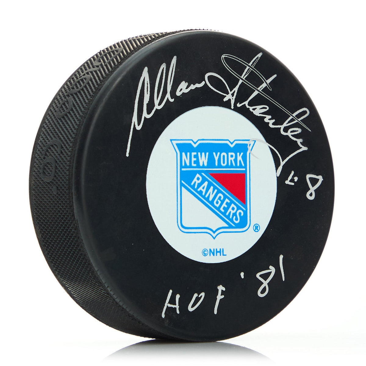 Allan Stanley Signed New York Rangers Hockey Puck with HOF Note product image 1, provided for visual reference and product