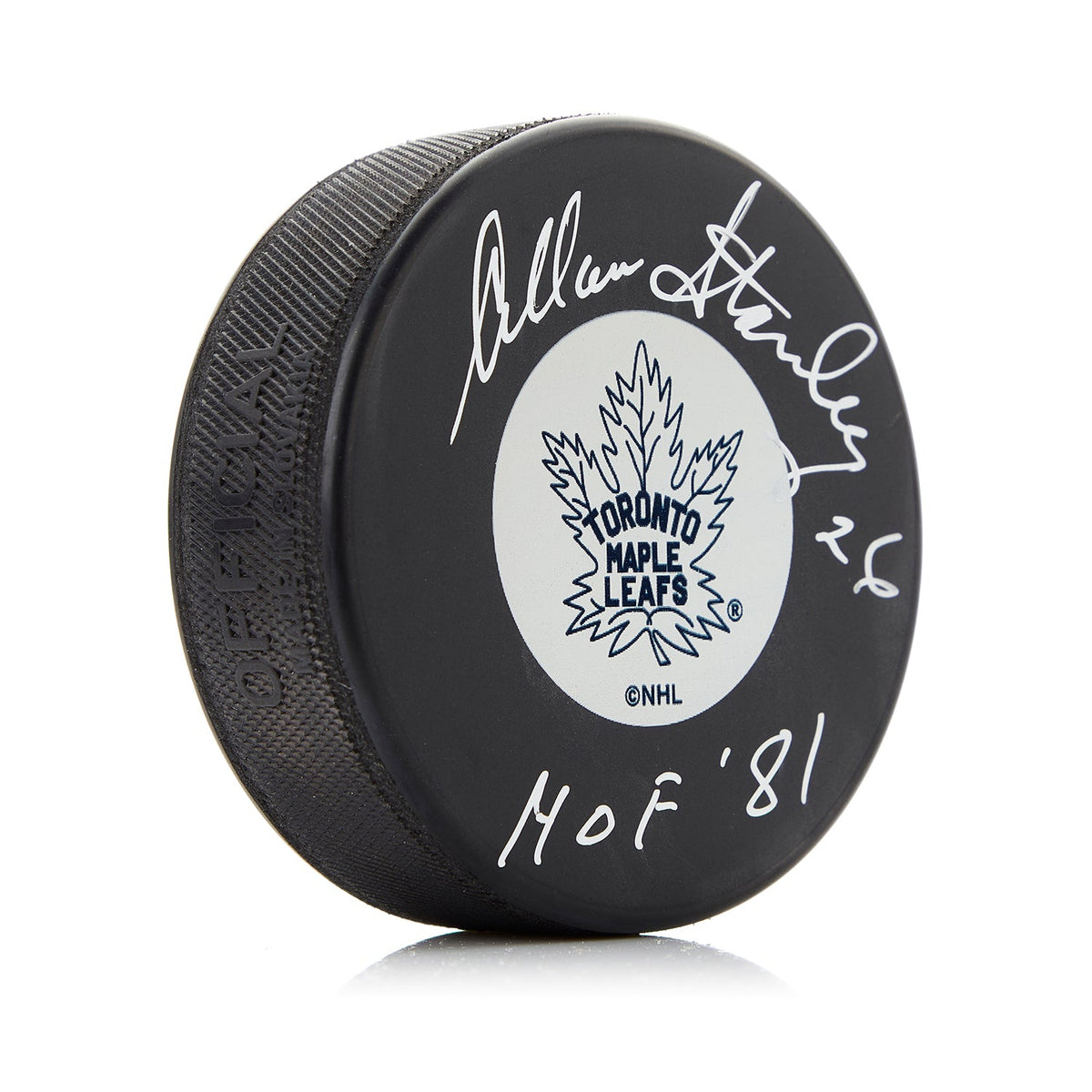 Allan Stanley Signed Toronto Maple Leafs Original Six Puck with HOF Note product image 1, provided for visual reference and