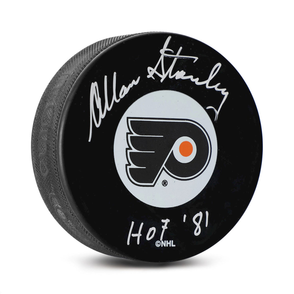 Allan Stanley Signed Philadelphia Flyers Hockey Puck with HOF Note product image 1, provided for visual reference and