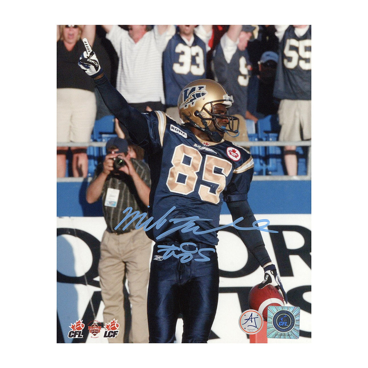 Milt Stegall Signed Winnipeg Blue Bombers Football 8x10 Photo product image 1, provided for visual reference and product
