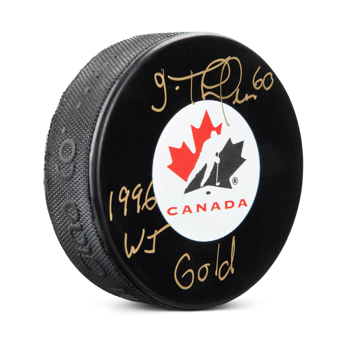 Jose Theodore Signed Team Canada Hockey Puck with 1996 WJ Gold Note product image 1, provided for visual reference and