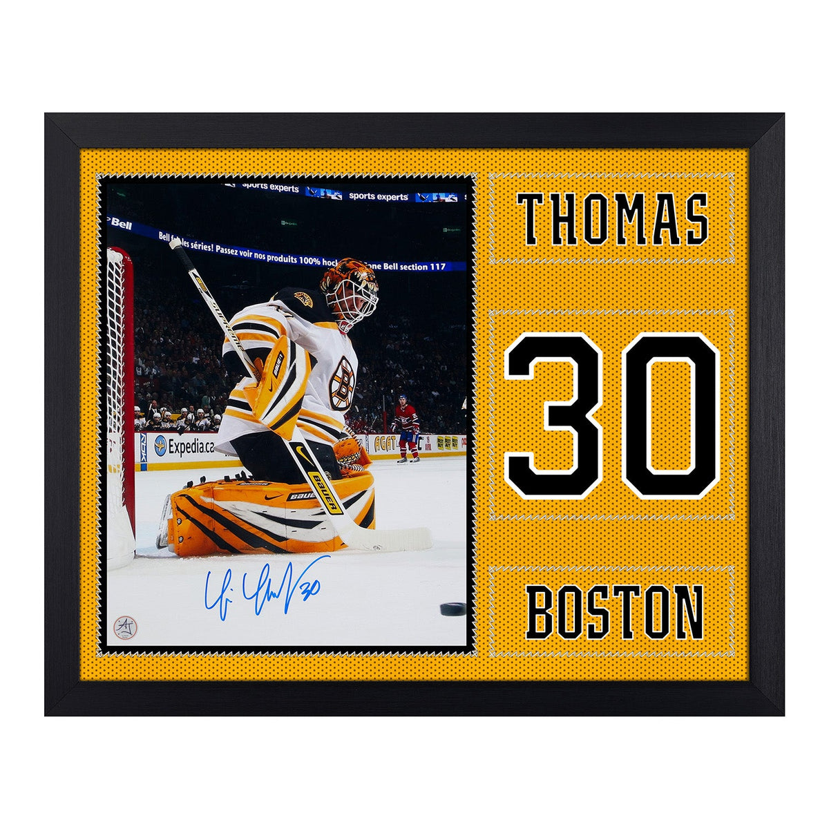 Tim Thomas Autographed Boston Bruins Uniform Graphic 19x23 Frame product image 1, provided for visual reference and product
