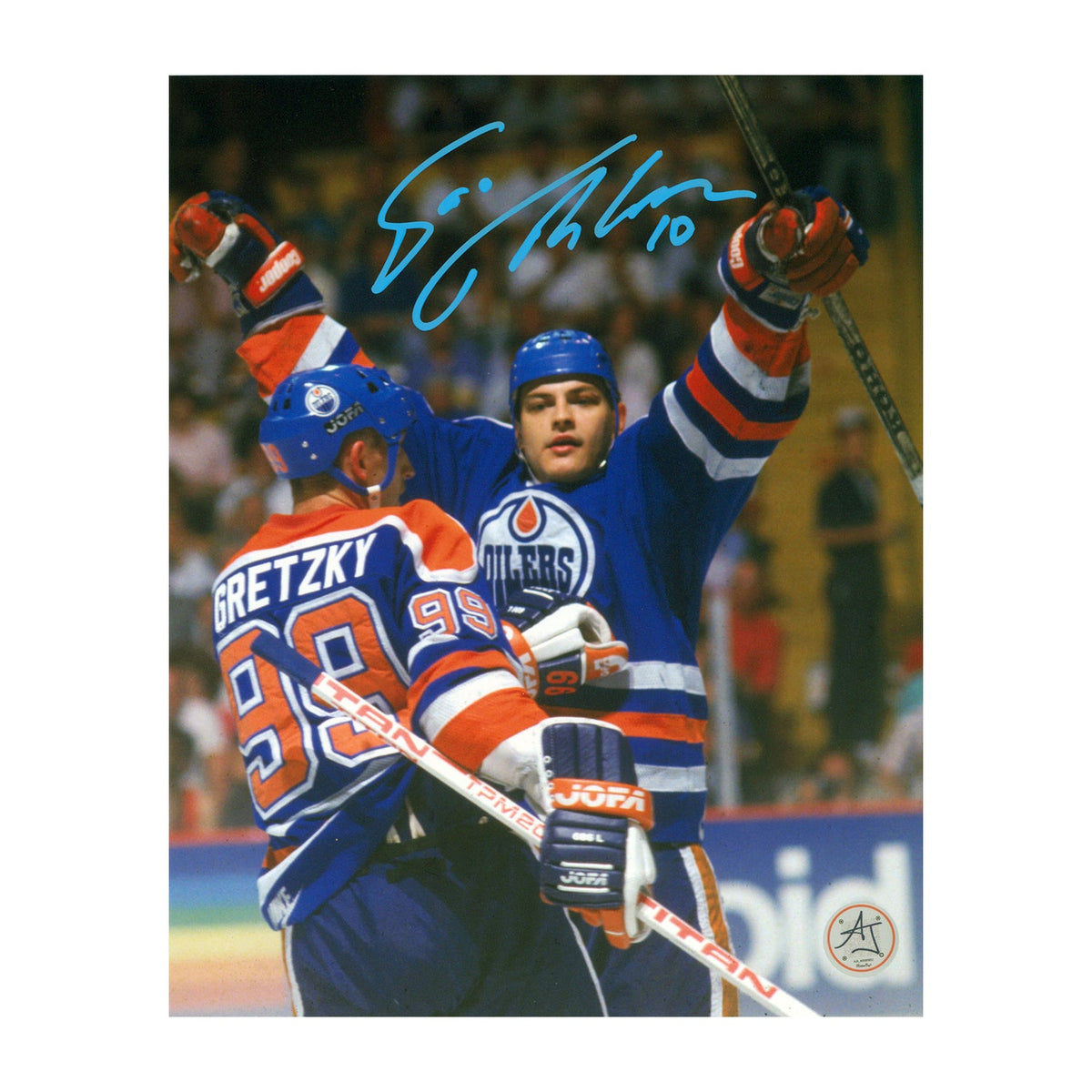 Esa Tikkanen Signed Edmonton Oilers Celebration with Gretzky 8x10 Photo product image 1, provided for visual reference and